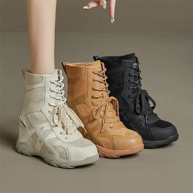 

Women's new style interior height increasing and calf outdoor hiking shoes, retro high heels, lace up thick soled short boots