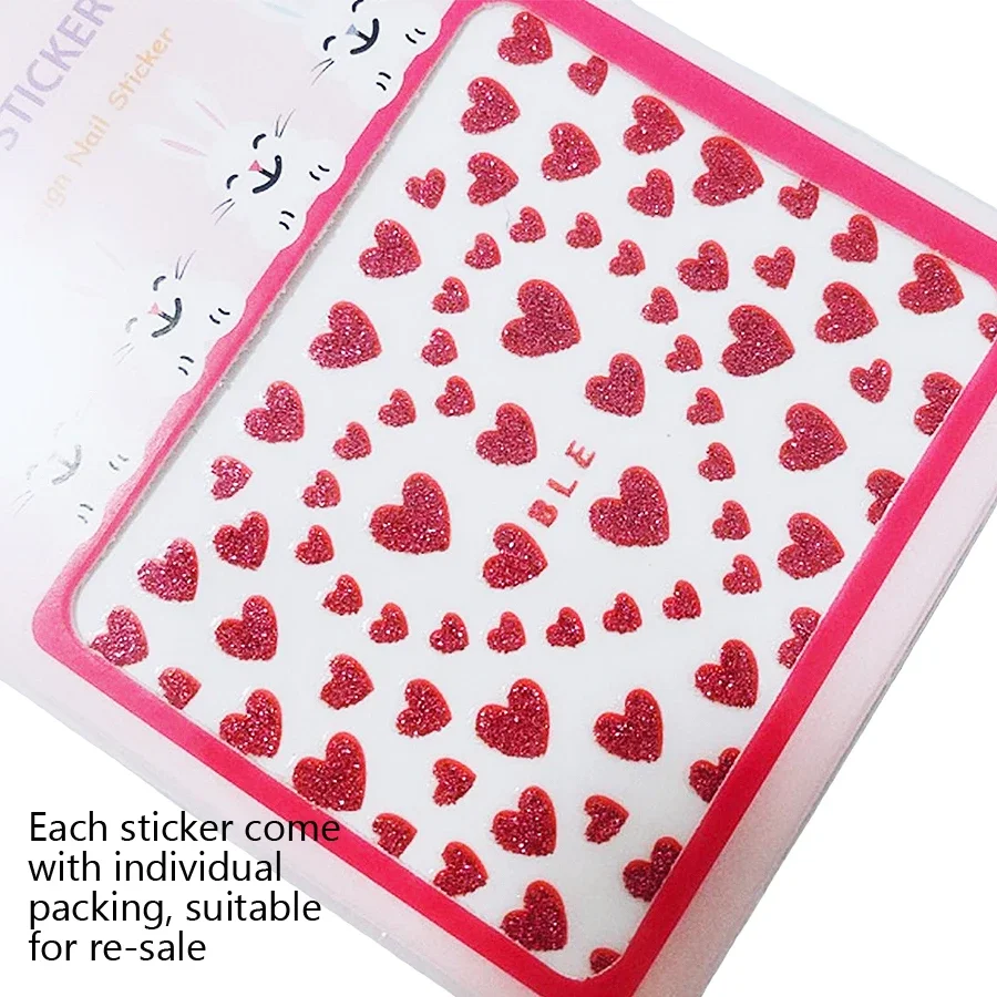 10Pcs 3D Nail Stickers with Glitter Powder Sweet Heart Nail Decals Gold Silver Black Sexy Red Nail Art Decorations
