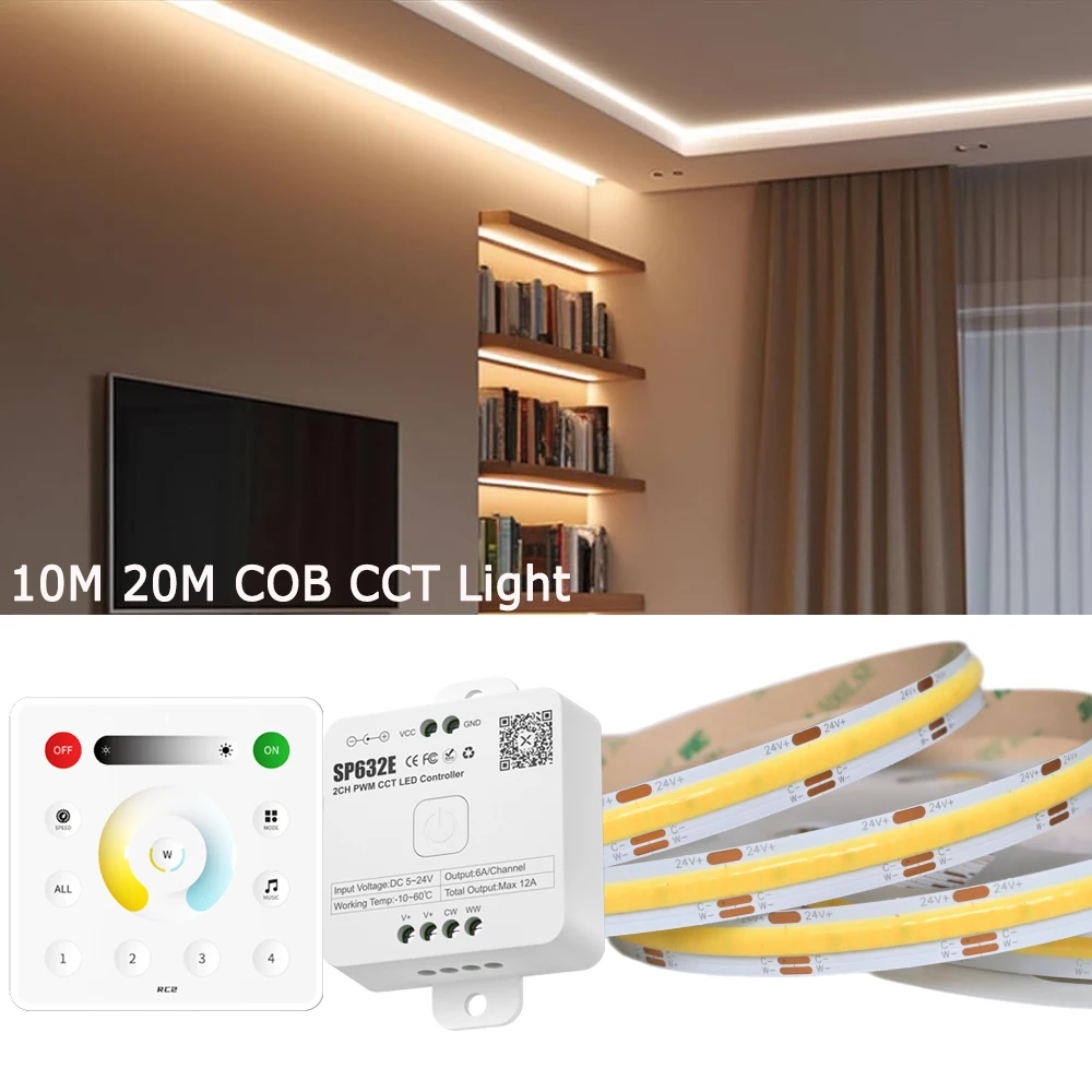 

Светодиодная лента COB CCT 24В 10М/20М с Bluetooth, диммируемая, гибкая, для потолка и помещений, с сенсорным пультом RF, 2700-6500K, линейные ленточные светильники