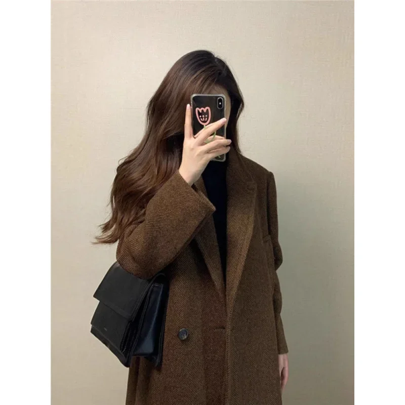 2024 New Korean Version Coffee-colored Woolen Coat for Women's Winter