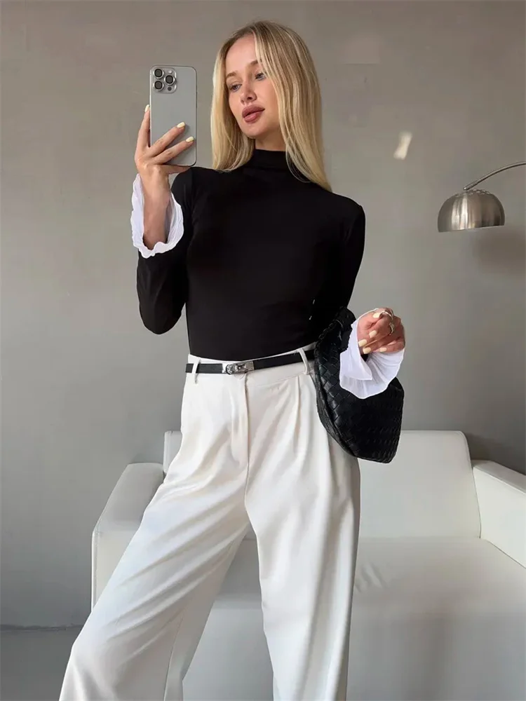 Tossy تكدرت الربيع الياقة المدورة البلوز تي شيرت المرأة طويلة الأكمام المرقعة عادية تخفيف عالية الخصر المحملة الملابس النسائية