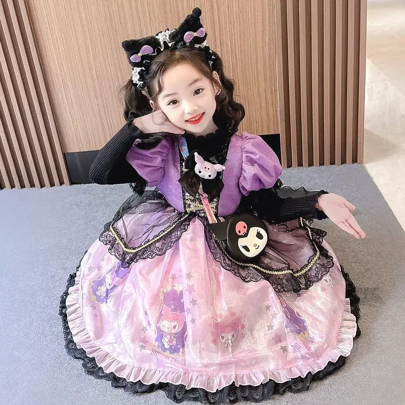 

Winter Children's Dresses Lolita Halloween Princess Sanrio Girls' Kuromi Clothes Autumn Woolen Dress Girl Kids 2025 Clothing Red