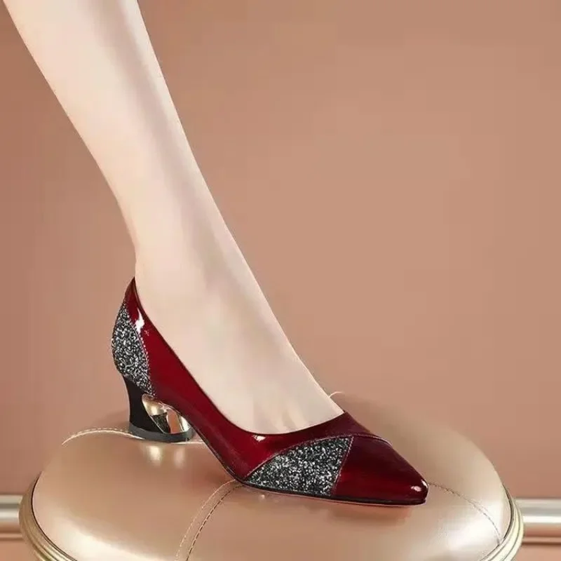 Fashion Shoes Women's High Heels Middle Heeled Elegant Wedding Shoes Pumps Women Sexy Red Pointed Toe Shallow Slip-On Party Shoe