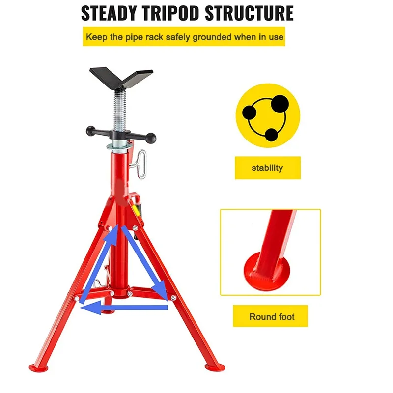 RG1107A/B/C Foldable Tube Holder With Roller Head V-Head Retractable Tripod 37/42/52 Inches Pipe Supporting Clamped Tool 2500Lbs