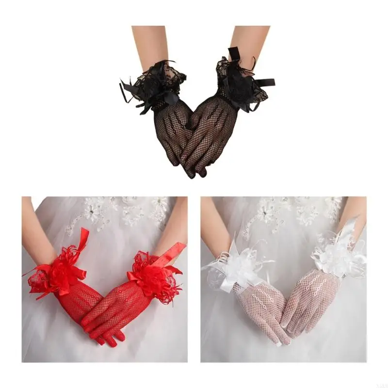 N5KB Tea Party Gloves Sheer Short Mesh Gloves Flower Decor Bridal Lace Gloves