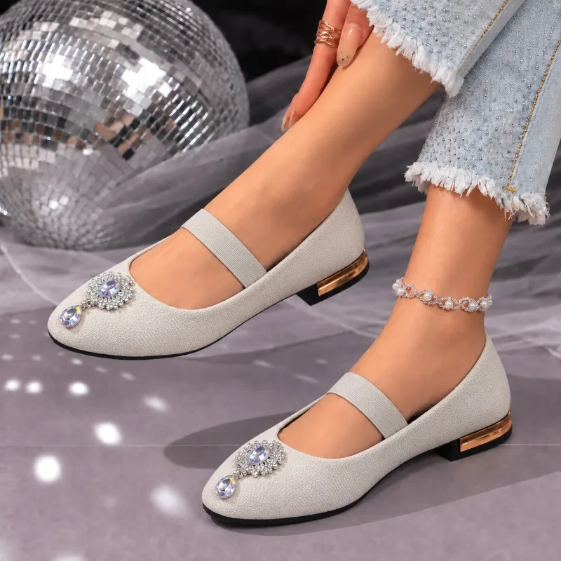 Женская Обувь Low Heel Square Heel Elastic Band Single Strap Velvet Surface Water Diamond Butterfly Knot Slip-On Shoes for Women