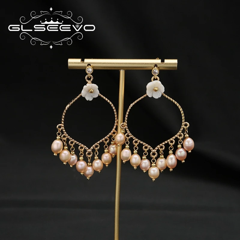 GLSEEVO Natural Pink Freshwater Pearls 18k Electroplated Gold Shell Flowers Drop Earrings vintage Luxury Wedding Jewelry GE1245 5