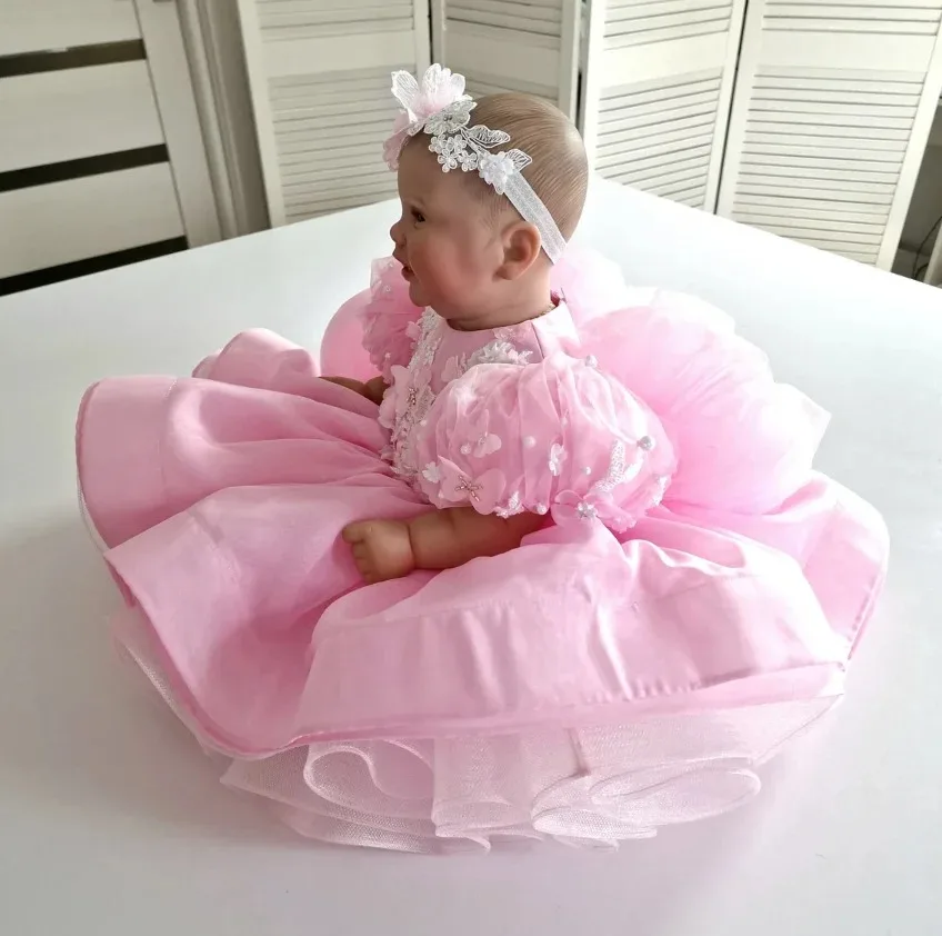 Vestidos de niña de flores rosas personalizados para boda, Apliques de encaje con cuentas, vestidos de fiesta de cumpleaños para niños de primera comunión