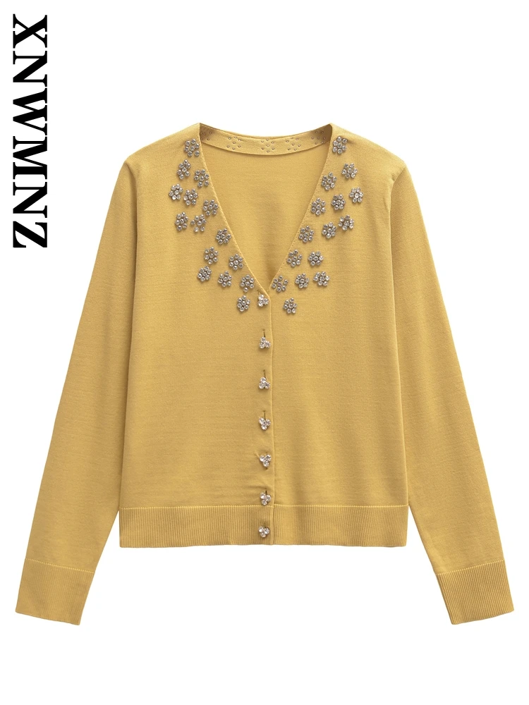 XNWMNZ 2024 Autumn Woman's Casual V-Collar Long Sleeve Cardigan Coat Female Vintage Knit Solid Color Single-breasted Ruffles Top