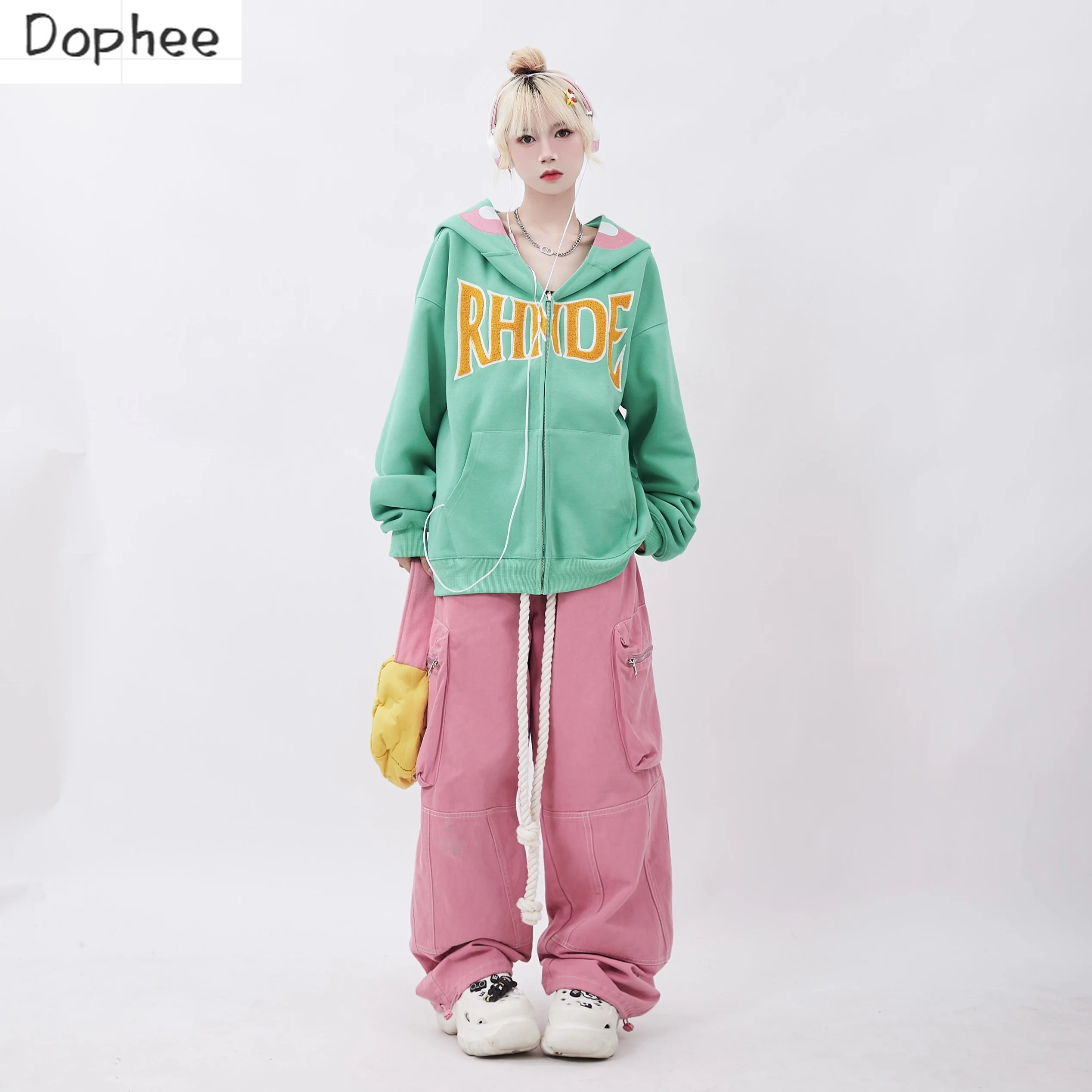 

Dophee New Autumn Green Hooded Sweatshirt Dopamine Creative Dinosaur Zip Cardigan Coat Casual Long Sleeve Hooded Top 2023