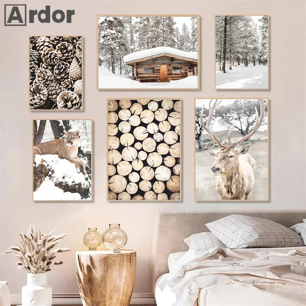 Winter Snow Animal Deer Wolf Canvas Poster Pine Tree Wood House Wall Art Print Painting Nordic Posters Picture Living Room Decor