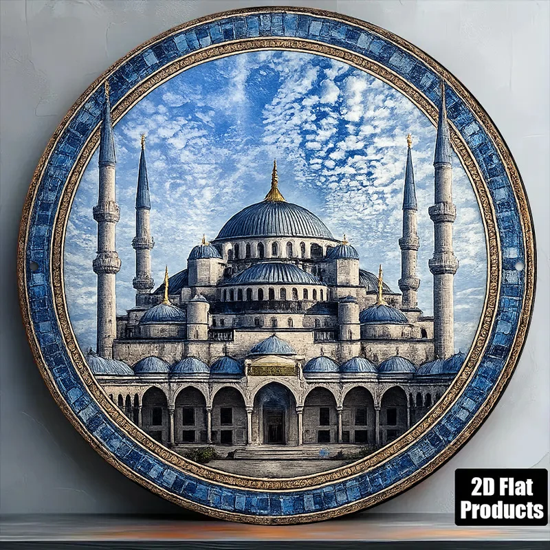2D Vintage Metal Sign, Round Aluminum Wall Art, Istanbul Blue Mosque Decor, Cafe Home Office Gift