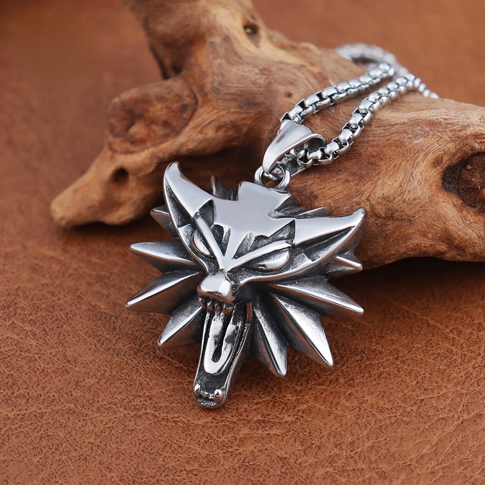 Stainless Steel Wizard 3 Wolf Head Pendant Retro Style Geralt of Rivia Men's Necklace Popular Medieval Witcher Jewelry Wholesale