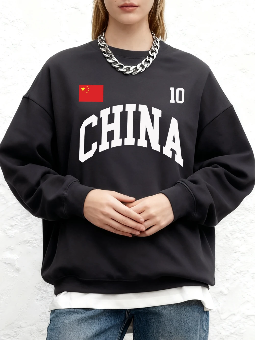 Sudaderas con estampado de letras y bandera de China para mujer, Sudadera con capucha cálida de lana para invierno, jerséis para correr con cuello redondo, ropa informal holgada para mujer