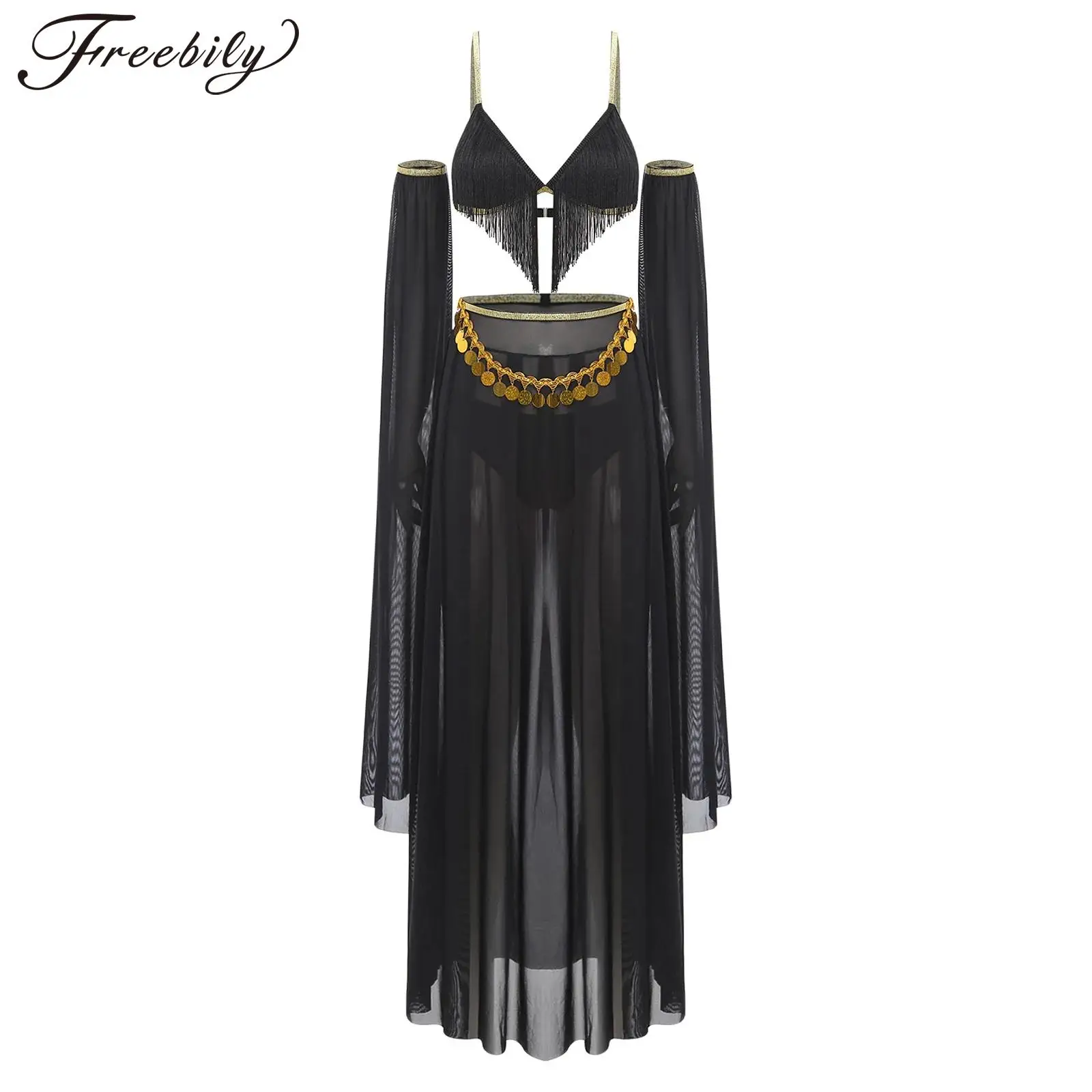 Tenues de danse du ventre pour femmes, Costume de princesse arabe, robe fantaisie de carnaval d'halloween, ensemble 2 pièces soutien-gorge à franges et jupe à fente haute