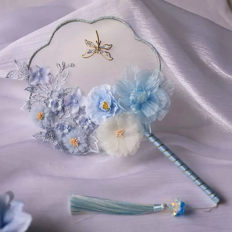 Applique Fan Chinese Style Ancient Silk Blue Flower Classical Palace Hanfu Hand Fan Short Handle DIY Fan Chinese Gift For Women
