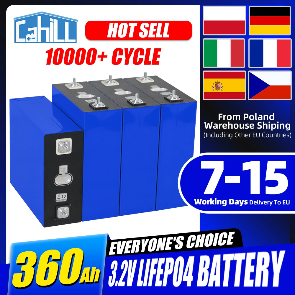 10000+ ciclos 3,2v 360ah lifepo4 batería clase A recargable fosfato de hierro de litio batería DIY 12v 24v 48v adecuada para Almacenamiento de energía solar doméstica RV camping, inventario de la UE y Estados Unidos