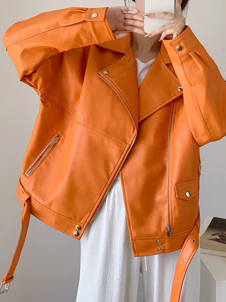 UCXQ Korean Orange Loose Fit Black Pu Leather Jacket New Lapel Long Sleeve Women Coat Fashion Tide Spring Summer 2025 SM4039