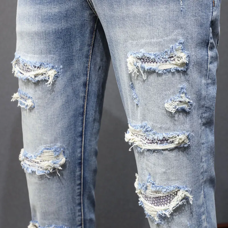 Y2K designer high street fashion new jeans washed with water nostalgic perforated patch light blue jeans high street hip-hop bra