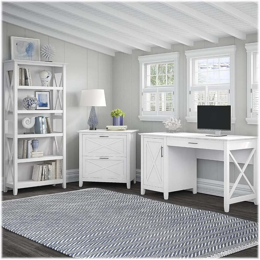 

Computer Desk, 12.8"D x 29.53"W x 72.01"H with 2 Drawer Side File Cabinets and 5 Solid White Oak Bookshelf Bookcases