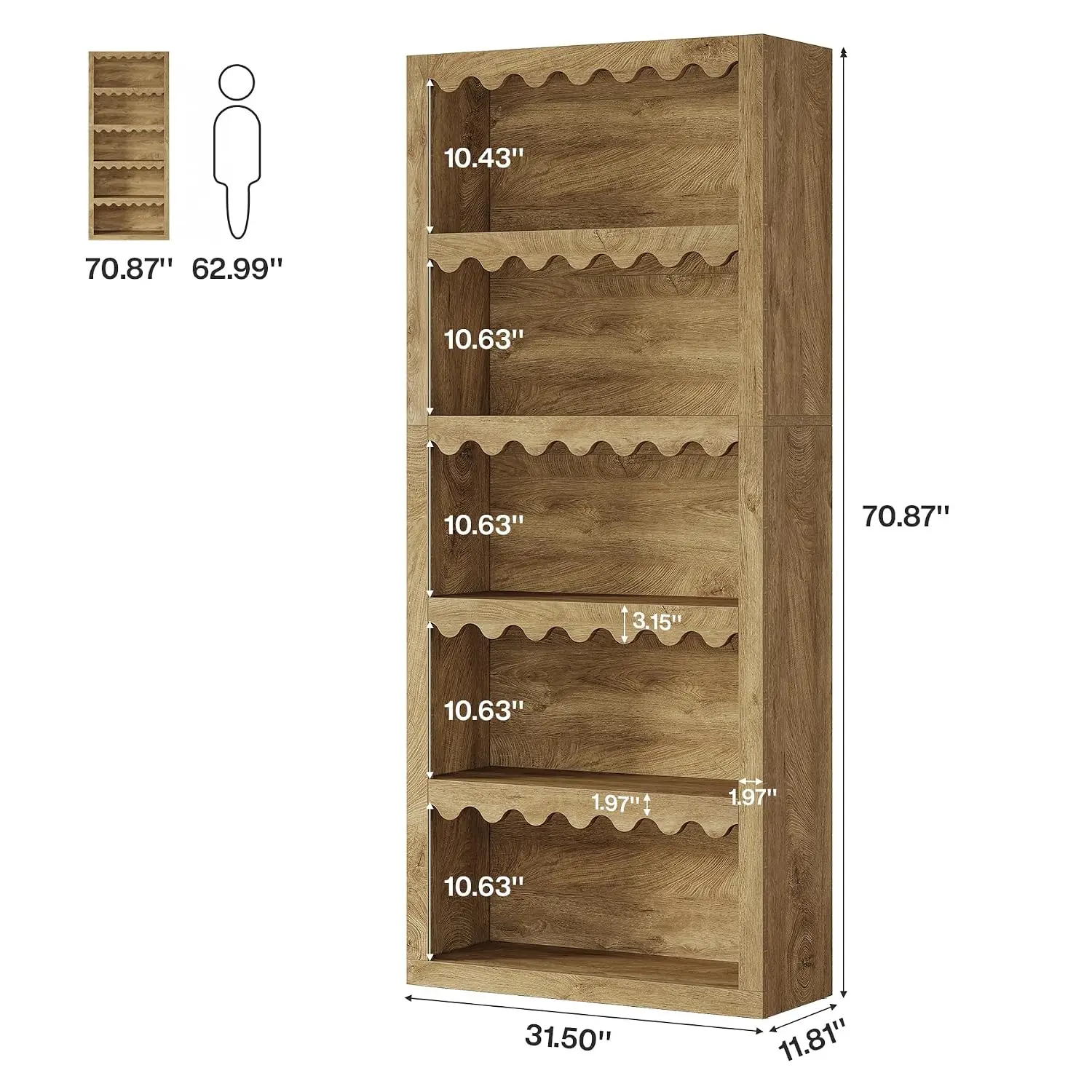 5-Tier Bookcase 70-Inch Bookshelf Scalloped Edges Display Storage Organizer Living Room Home Office Bedroom, Customized