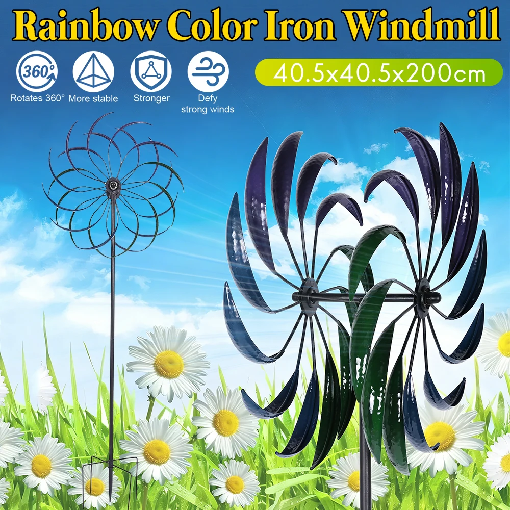 

Weather-Adaptable Rainbow Double-Layer Iron Windmill Wear-Resistant Stable Stakes 360° Smooth Rotation Yard Craft Ornament