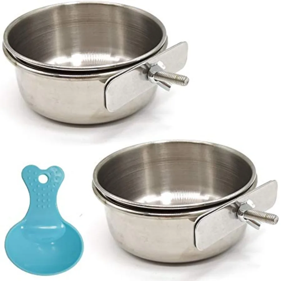 

2 шт., чашки для кормления птиц с ложкой, зажим для миски для попугая, держатель из нержавеющей стали, чашка для курятника, клетка для птиц, миска для воды для попугая