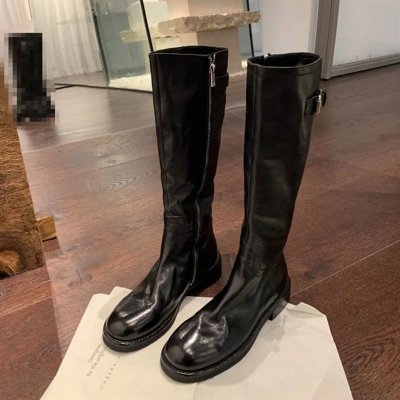 

Retro Waed hide Thi Heel High Tube Knight Boots Women's Autumn Winter Sle Korean Version round Toe Zipper Closure