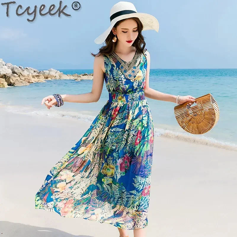 

100% Tcyeek mulberry real silk Summer long Dresses for Women 2024 New floral Bohemian Sleeveless Beach Holiday Dress Vestido Cjk