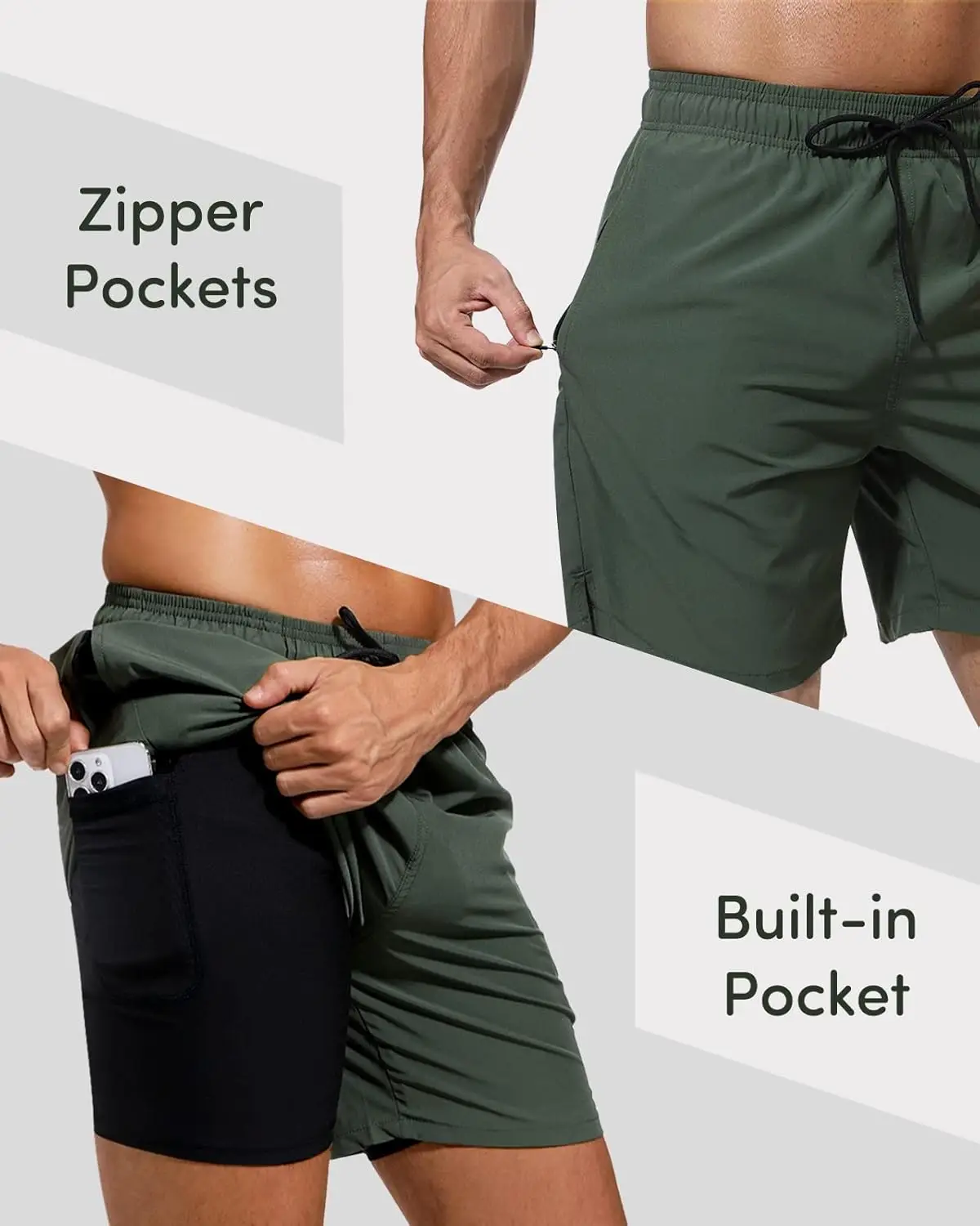 압축 라이너 지퍼 포켓 운동이 포함된 Adorel 남성용 런닝 반바지 2 in 1