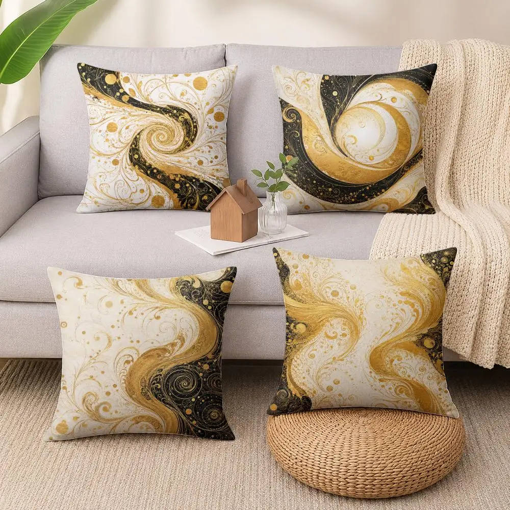 Art Deco Gold Swirl Pattern Cushion Cover Soft Short Plush Pillow Cases Hidden Zipper Cutecore Sofa Bedroom Home Decor Gift