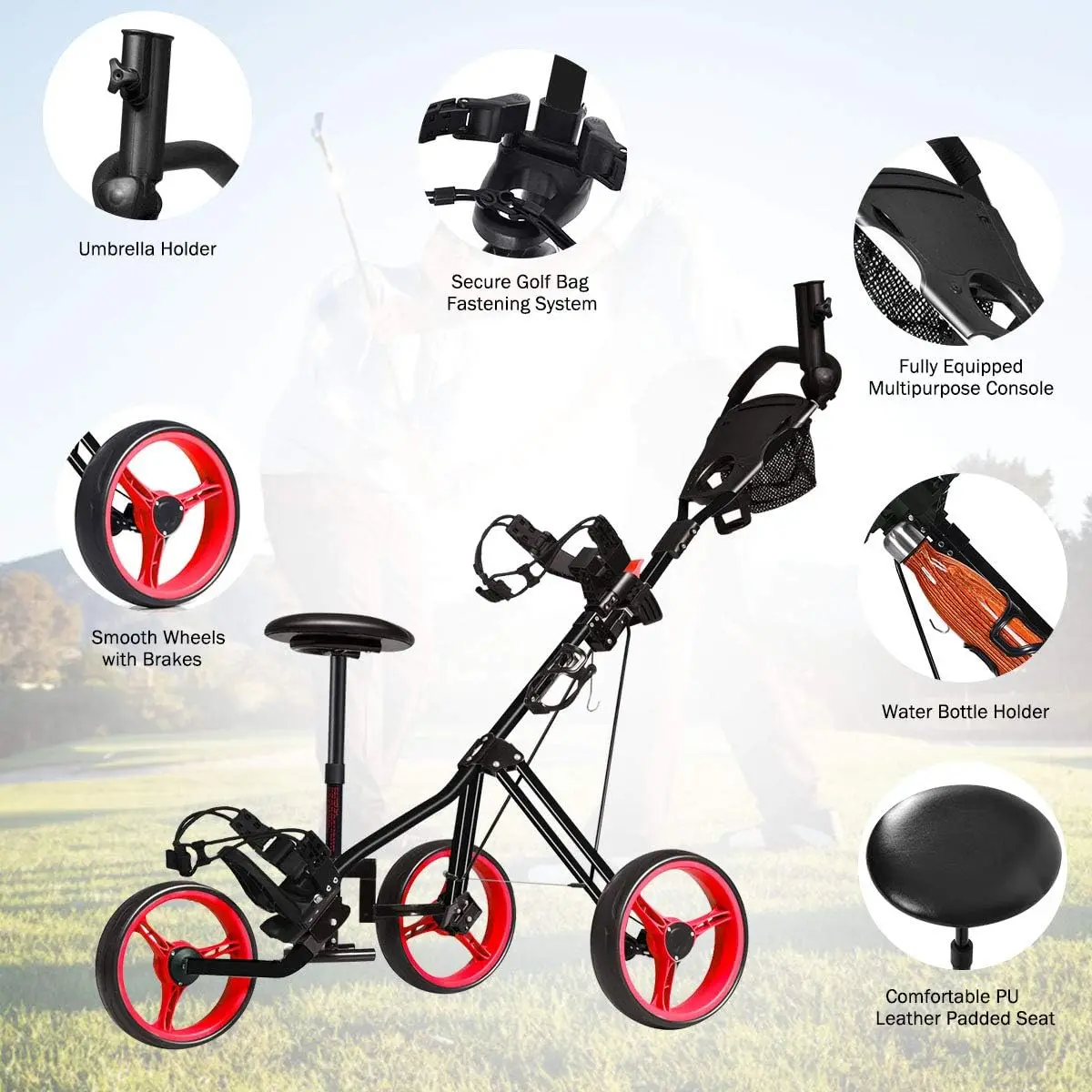 Golf Cart, Foldable 3 Wheel Golf Push Cart with Detachable Seat, Umbrella Holder & Scoreboard, Portable Lightweight Golf P