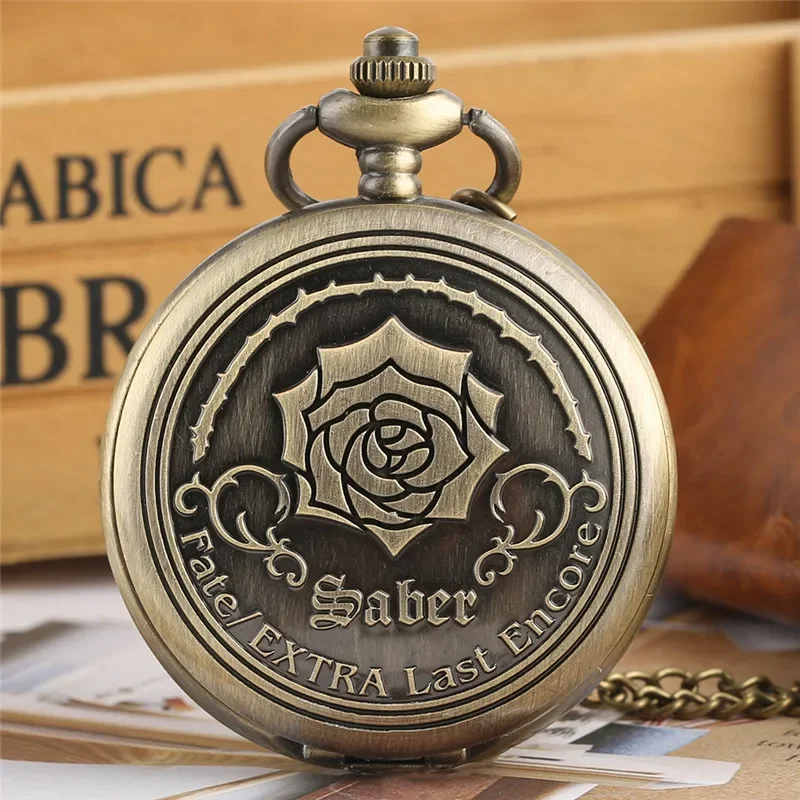 Bronze Style Fate/EXTRA Last Encore Bronze Rose Flower Display Men Women Quartz Pocket Watch Necklace Chain Clock Present