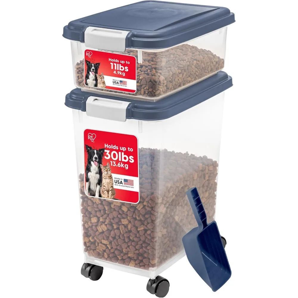 

Airtight Pet Food Storage Container Combo with Scoop and Wheels, 30 lbs & 11 lbs Stackable, Navy