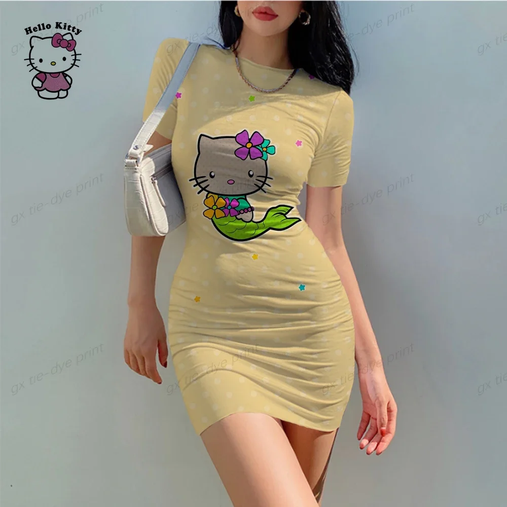 2024 Hello Kitty Cartoon 3d Print Sexy vestito attillato borsa moda estiva Hip Beach Party High Street o-collo abiti Hot Sal