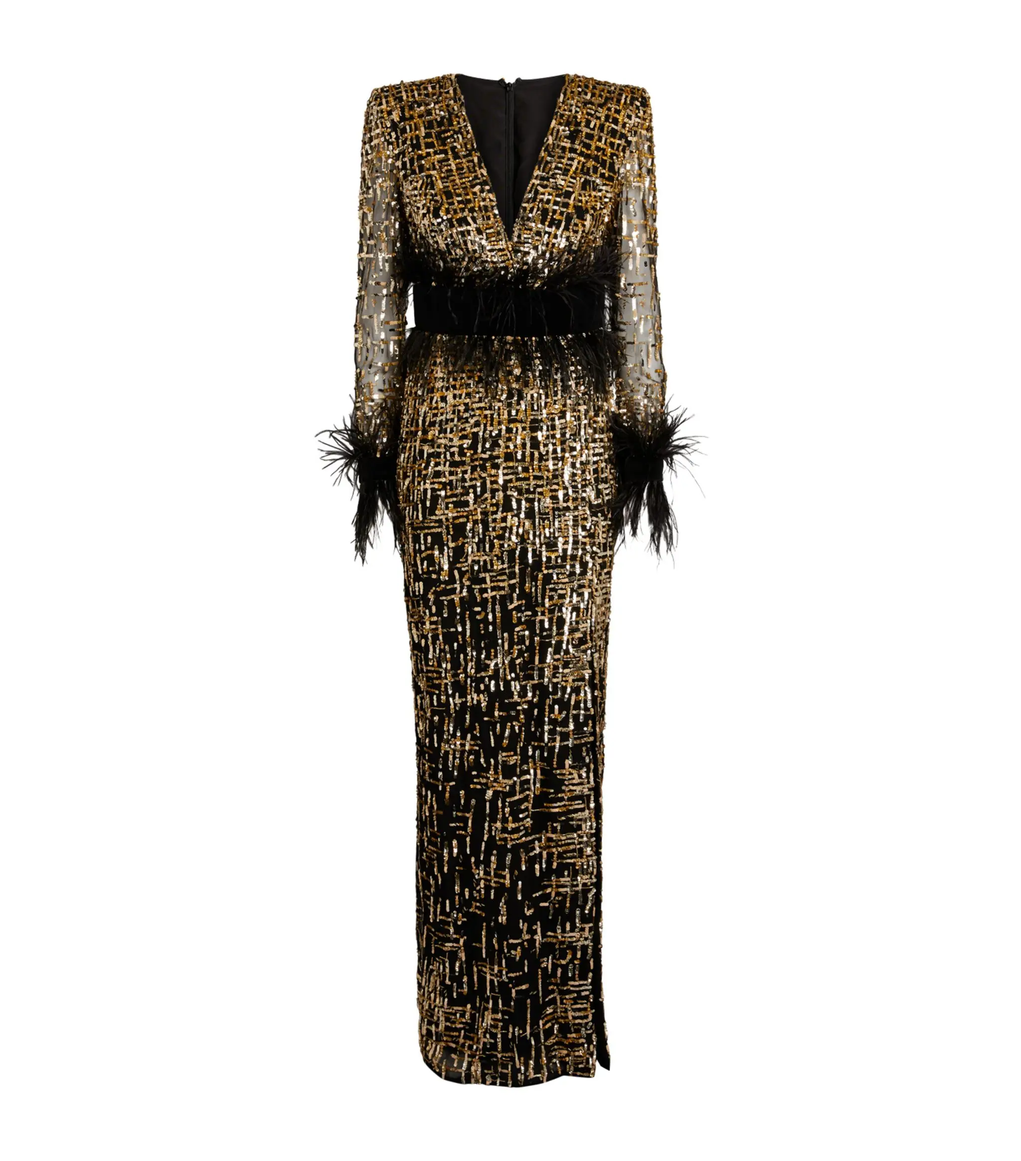 L365 Zuhair Murad Black Long Sleeves Feathers Gold Beaded   فساتين السهرة vestidos de fiesta  فساتين سهره evening dress