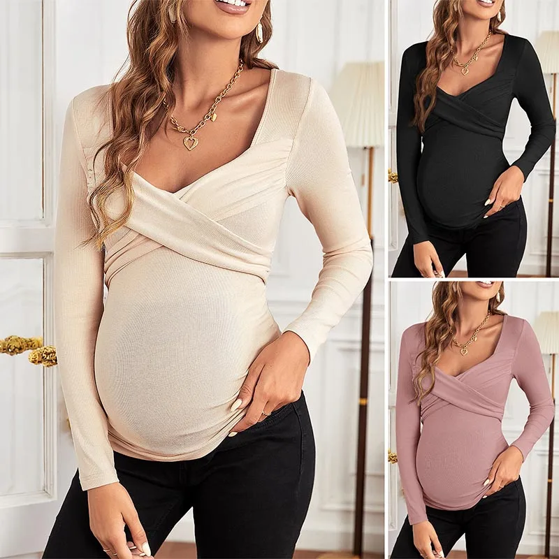 

Новая Футболка для беременных женщин блузка для беременных грудного вскармливания повседневные топы с длинным рукавом полосатая блузка для кормления грудью
