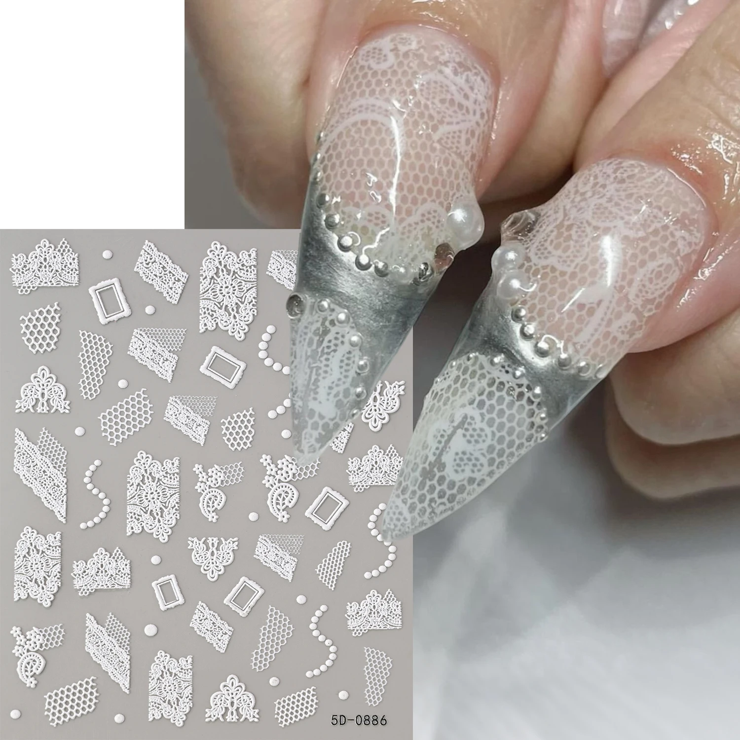 1Pcs 5D Embossed White Lace Nail Stickers Hollow Floral Pearl Bow Frame Nail Decals DIY Manicure Decor For Wedding Party Bridal*