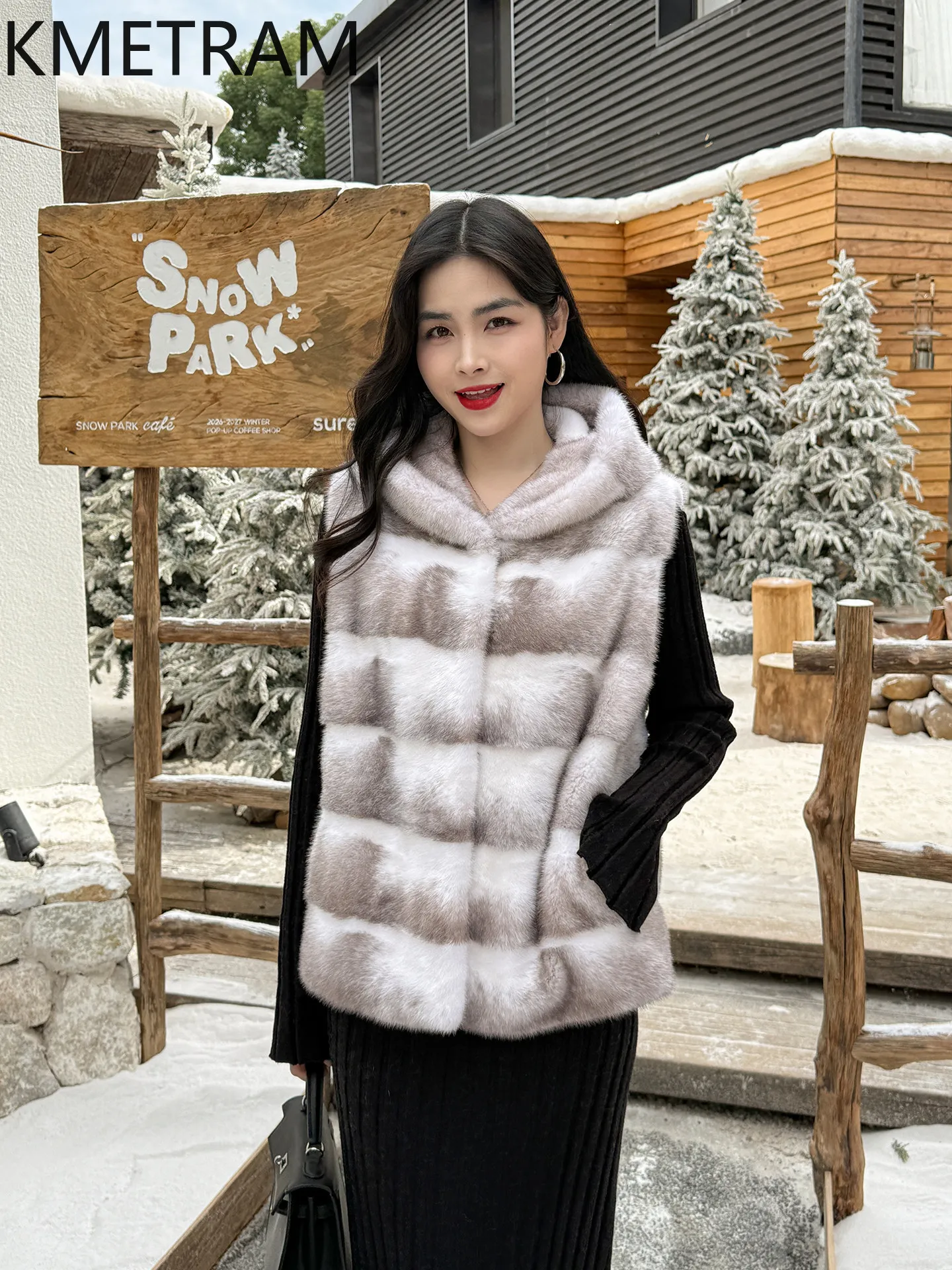 KMETRAM Real Velvet Purple‑Label Whole Mink Fur Vest Hooded Short Fur Jacket Silver Cross Mink Fur Coat Woman Clothing 60cm 2026