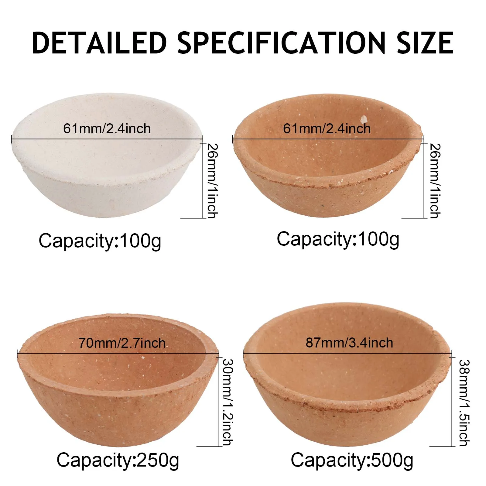 High Temperature Clay Quartz Silica Melting Crucible Dish Bowl Pot Casting for Gold Silver Platinum 100g/250g/500g