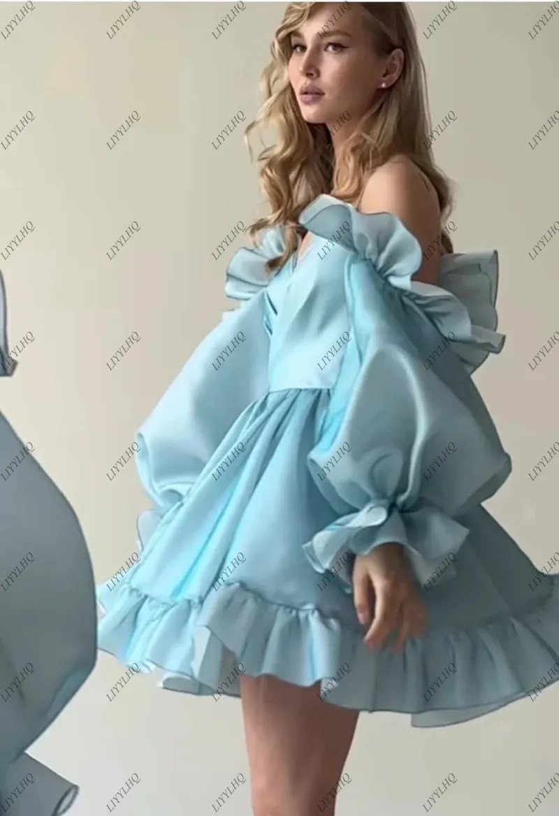 LIYYLHQ Baby Blue Short Mini Prom Dress Off Shoulder V Neck Ruffled Long Sleeves Simple Evening Dress Party Gown Cocktail Dress