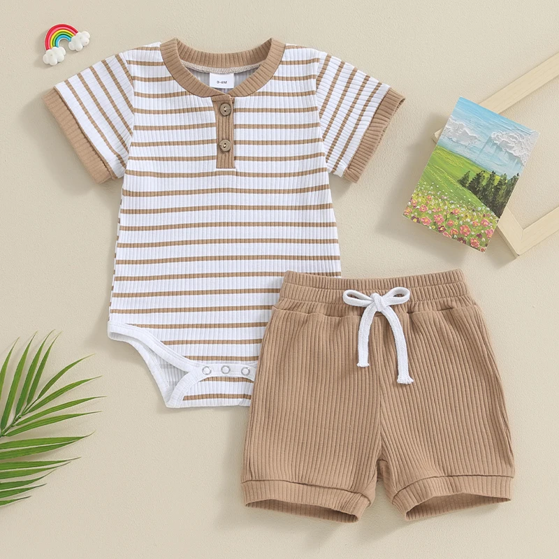 2023-11-18 Lioraitiin Newborn Baby Boy Girl Summer Clothes Striped Short Sleeve Ribbed Romper Tops Elastic Shorts Set Outfits