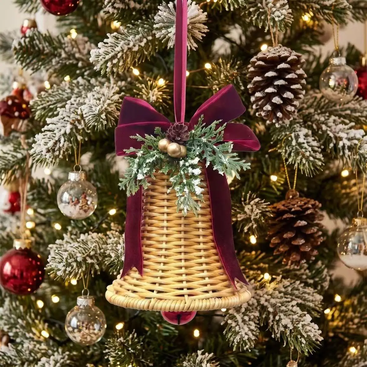 Handwoven Rattan Christmas Bell Ornament, Rustic Xmas Hanging Pendant with Pine Cone, Holiday Home Decor
