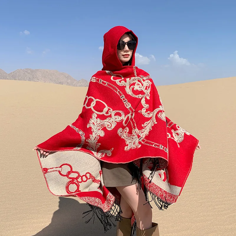 Luxury Chains Jacquard Thick Acrylic Cashmere Cape Hood Coat Unisex Autumn Winter Long Shawl Travel Cloak Poncho