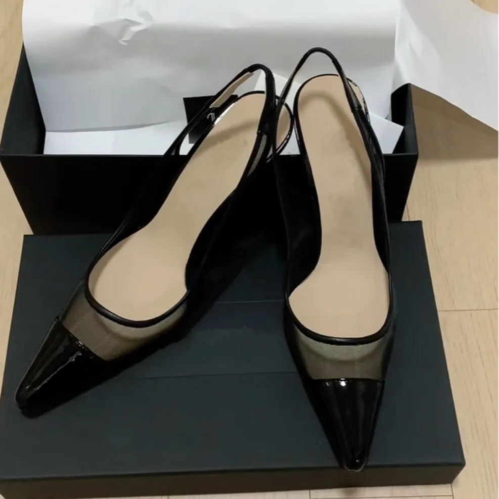 

Strap-Back Elastic Pumps Straight Strap Mesh Pointed Sandals Black Sexy High Heel Women Shoes Sandalias Mujer Verano