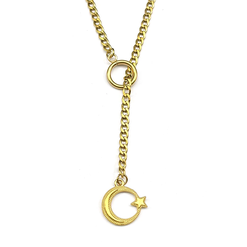 Islamischer arabischer Stern-Halbmond-Anhänger, O-Ring, lange Kette für Damen und Herren, Edelstahl, verstellbare Y-Halskette, Schmuck, Geschenk – Detail 6