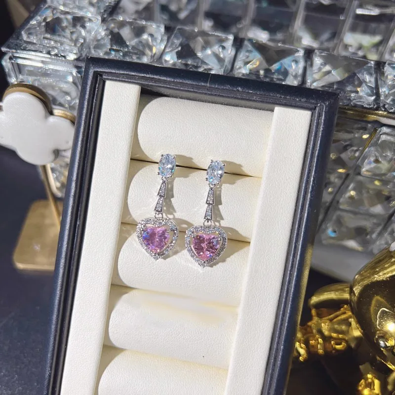 Foydjew 2023 New Trend European and American Fashion Pink Zircon Necklaces Heart-shaped Drop Earring Ring Jewelry Sets For Women