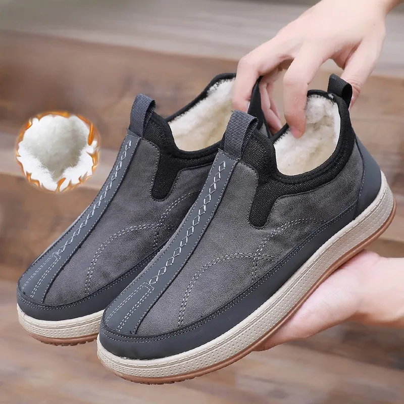 

2025 г., новые зимние мужские цельные утолщенные хлопковые туфли с флисом и противоскользящей удобной и теплой мужской обувью, бесплатная доставка