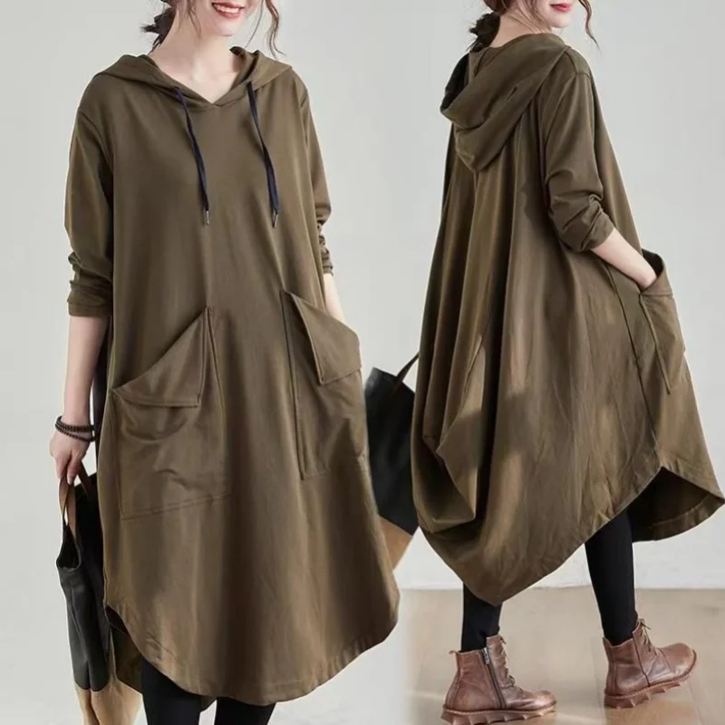 Midi Dress Maternity Coat Jacket Plus Size Dresses Hooded Oversizes Autumn Loose Fashion Korean Solid Color Pockets Long Sleeve