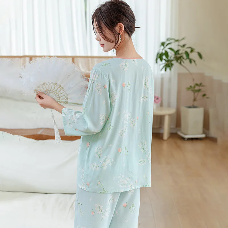 Retro Chinese Style Women\'s Nightwear Summer New Short Sleeve Trousers Sleepwear Pajamas Set Sleep Suit Casual Home Clothes